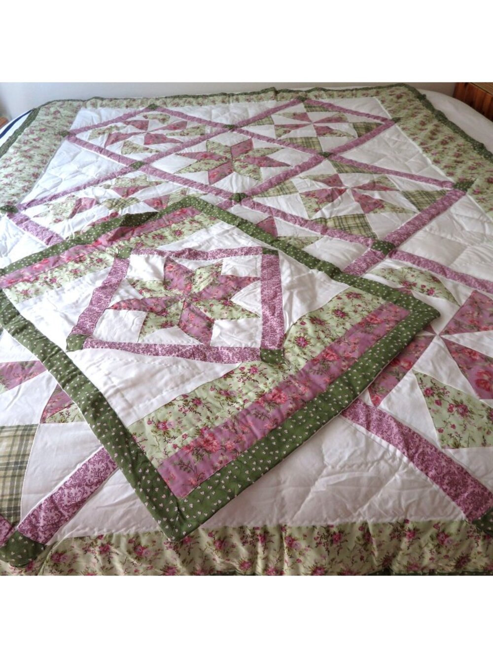 Vintage Handmade Floral Star Pinwheel Patchwork Twin Quilt Sham Set Country NEW
